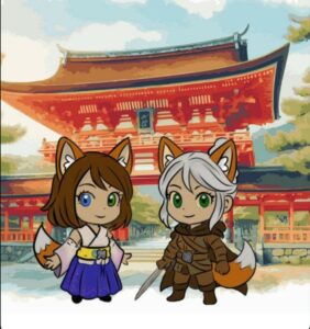L'illustration montre deux filles en cosplay avec des oreilles et queues de renard. Elles sont devant un palais japonais